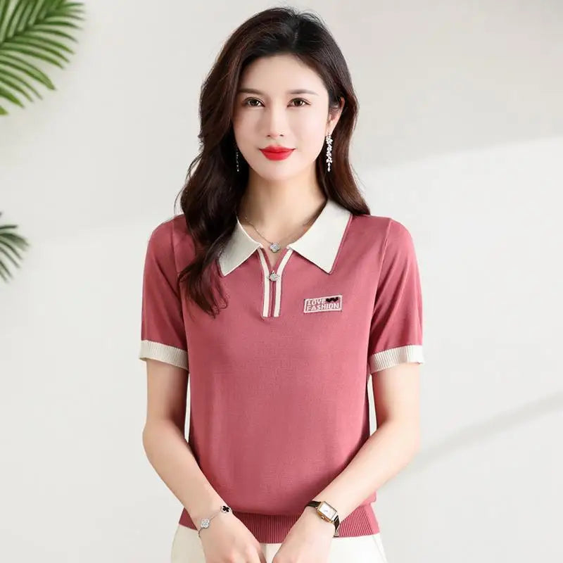 Fashionable polo collar middle-aged and elderly women's loose knitwear thin casual short-sleeved T-shirt.