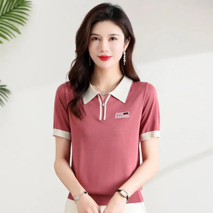 Fashionable polo collar middle-aged and elderly women's loose knitwear thin casual short-sleeved T-shirt.