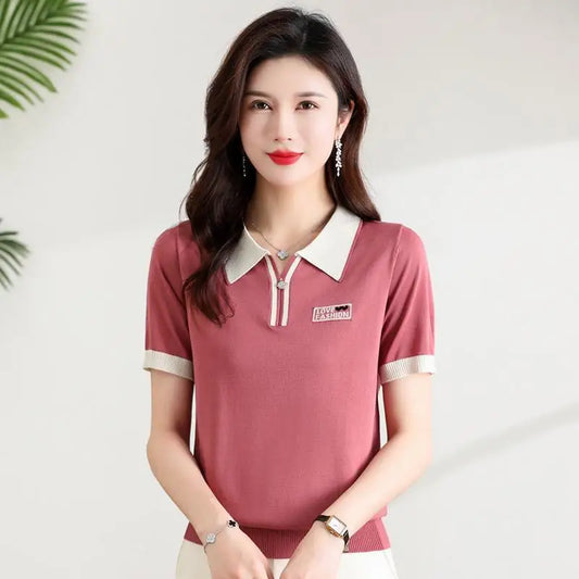 Fashionable polo collar middle-aged and elderly women's loose knitwear thin casual short-sleeved T-shirt.