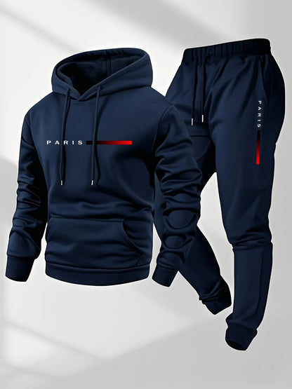 Men's Fleece Warm Hoodies Sets PARIS Printing Tracksuit Autumn Winter Casual Hooded Sweatshirt Drawstring Pants Running Suit.