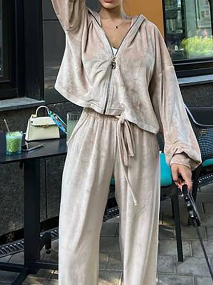 Women Autumn Hooded Coat Two Pieces Sets, Solid Patchwork Wide Leg Pants Chic Outfit, New Long Sleeve Casual Simple Ladies Suits.