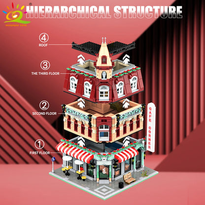 HUIQIBAO Toys MOC City Corner Coffee Shop Architecture Style Street View Micro Building Blocks for Children Construction Bricks.