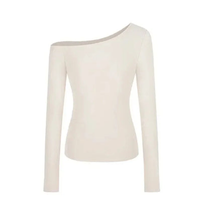 Spicy Girl Diagonal Shoulder Long Sleeve Women's T-shirt Base Layer Shirt Waist Inward Design Polo Collar Top.