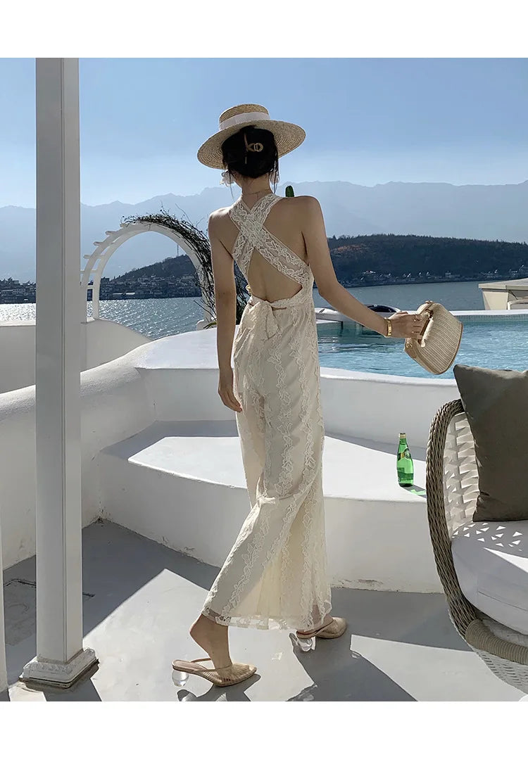 Women Beige Elegant Backless Pleated Lace Jumpsuit Summer V Neck Sleeveless High Waist Wide Leg Long Pant Rompers Sexy Club Chic.