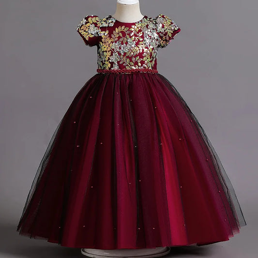 Prinzessin Mädchen Kommunion Geburtstags feier Tanz Leistung Pailletten schwarz Kleid Mädchen Hochzeit Brautjungfer Party Langarm Kleid
