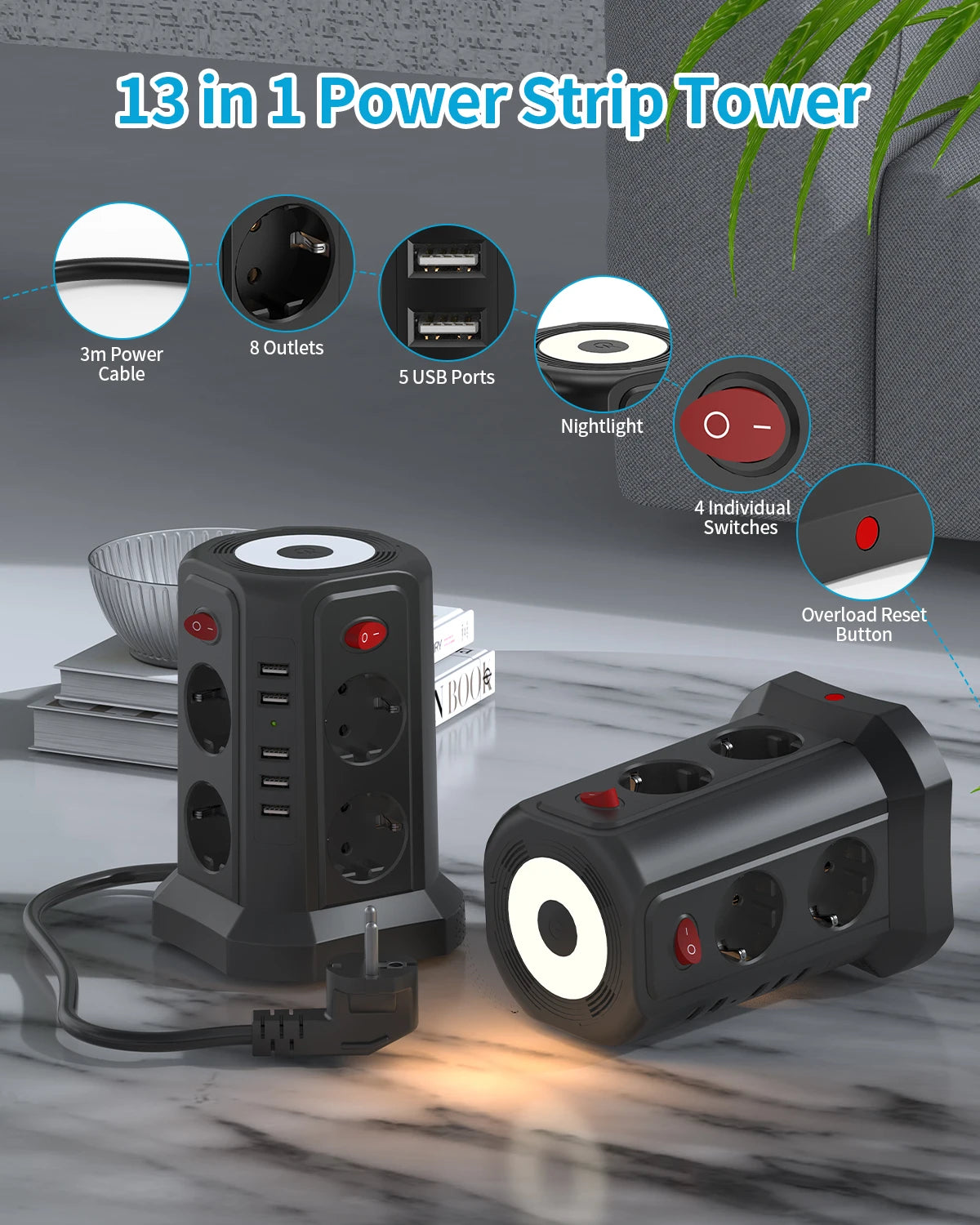 EU-Multifunktionssteckdosenturm mit 8 Positionen und 5 USB-Anschlüssen, unabhängiges Steuerschalterdesign für Steckplatinen im Home Office.