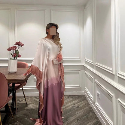 Uni Tassel Gradient Dubai Muslim Abaya For Woman O-Neck Elegant Casual Loose Moroccan Saudi Kebaya Fashion Party Dress 2025.