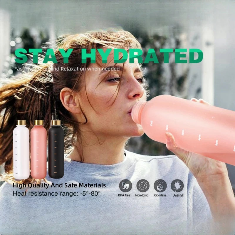 1L Bottle With Time Marker 32 OZ Motivational Reusable Fitness Sports Outdoors Travel Leakproof BPA Free Frosted Plastic.