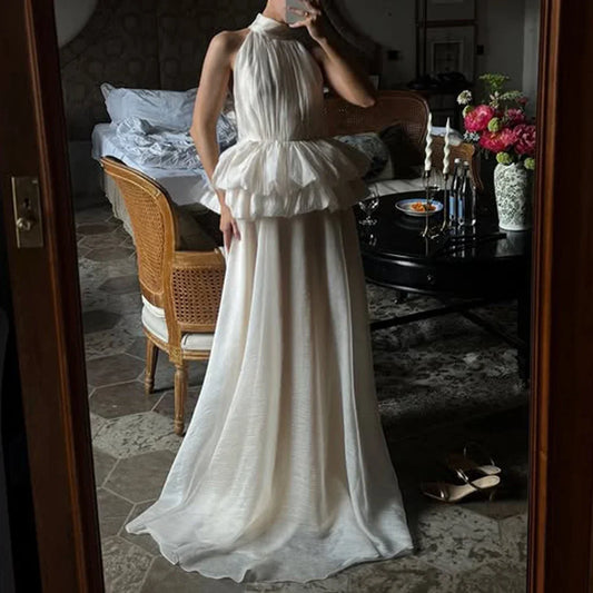 VGH Solide Abend Gespleißt Rüschen Maxi Kleider für Frauen High Neck Ärmellose Tunika Temperament Zeremonie Kleid Weibliche Kleidung