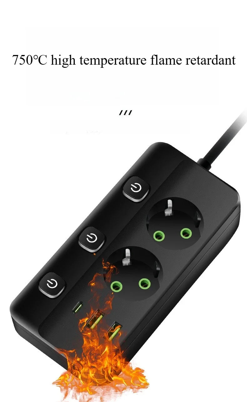 EU-Stecker-Steckdosenleiste, 2/3/4/5 Positionen, unabhängige Steuersteckdose mit 2 USB-Anschlüssen, 1 Typ-C-Anschlüsse, 2 m Verlängerungskabel, Steckdosen.
