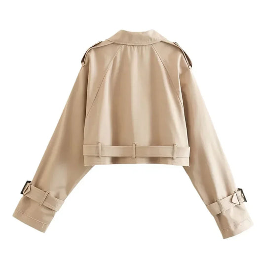 Frauen kurze Blazer Jacken Herbst elegante Vintage einfarbige Langarm Zweireiher Trenchcoat mit Gürtel