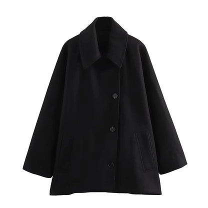 ZBZA Damen Schräge Knopf Lose Fledermausärmel Jacke Mantel Revers Langarm Doppeltasche Warm Solide Farbe Vintage Oberbekleidung Herbst Winter Neue Weibliche Chic Mantel