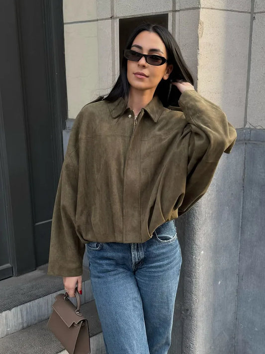 TRAFZA Damen-Jacke mit Wildleder-Textur, High Street, lange Ärmel, Umlegekragen, elastischer Reißverschluss, Knopfleiste, solider, trendiger Frühlingsmantel