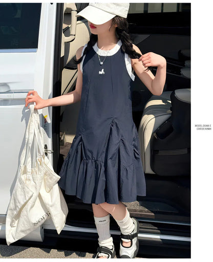 Neues Sommer-Mädchen-Prinzessinnenkleid für Kinder, ärmelloses Kleid mit Rüschen, Design-Kleider für Teenager, Kinder, lässiges Urlaubs-Strandkleid