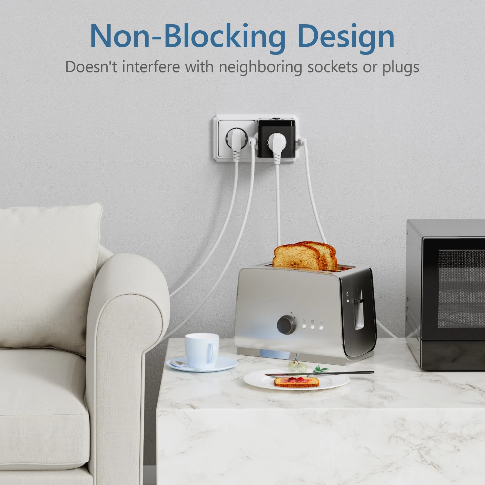 Wandsteckdosen-Extender mit Schalter, 3 Steckdosen, 2 USB-A- und 1 Typ-C-Anschlüsse, tragbarer Cube-Steckdosenleisten-Adapter zum Aufladen auf Reisen.