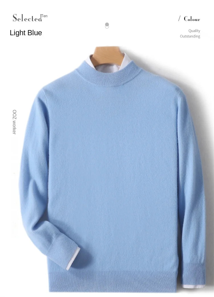 100% Pure Merino Wool Men's Semi High Neck Pullover Solid Color Plus Size Casual Sweater Autumn And Winter Sports Cashmere Top