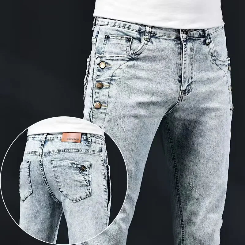 Slim Skinny Jeans Men New Elastic Korean Design Fashion Multi-Button Blue White Vintage Wash Cotton Stretch Denim Pants Trousers.
