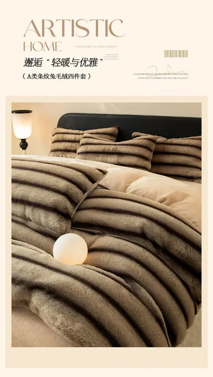 Winter Thick Warm Luxury Bedding Set Include Quilt Cover Sheet Pillowcase Solid Color Coral Velvet Soft Queen Duvet Cover Set.