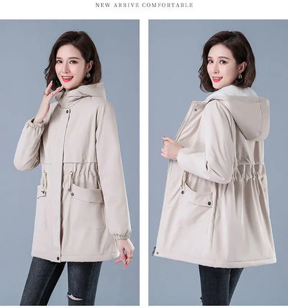 Fleece-gefütterte Kapuze, Daunenjacke, Wintermantel für Damen, warme, mit Kordelzug gepolsterte Parkas, mittellanger Mantel, Streetwear, gepolsterte Kleidung