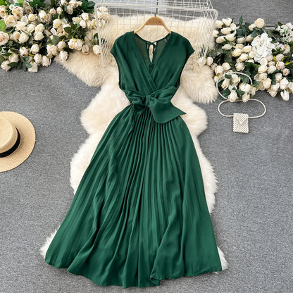 Französisch Vintage elegante Plissee Vneck Kleid A-Linie Mode Chiffon Frühling Herbst ärmellose Vestidos Frauen kleider