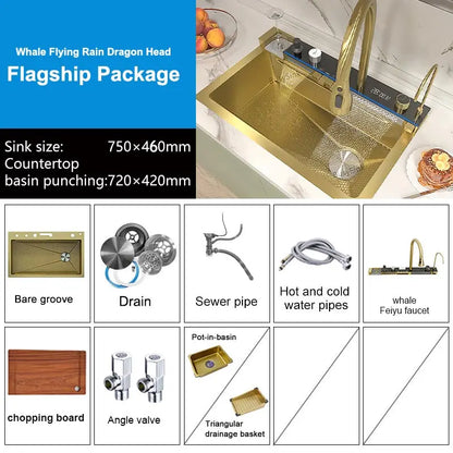 Stainless Steel Silver Kitchen Sink Multifunction Waterfalls Intelligent Digital Display Faucet Household Large Single Slot