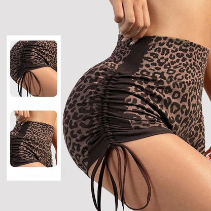 Women High Waist Yoga Shorts Side Drawstring Sexy Leopard Print Sports Shorts Gym Athletic Running Leggings Workout Shorts.