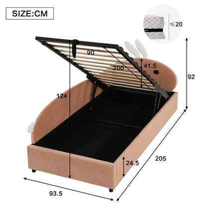 Polsterbett, Einzelbett, Babybett, niedlicher Hasenkopf, hydraulisches Bett mit Stauraum, erhöhter weicher Zaun, Samt, rosa + weiß, 90 x 200 cm