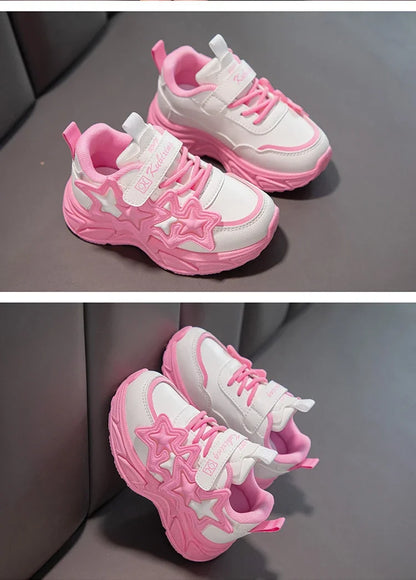 Children Casual Shoes for Girls Fashion Classic with Stars Girls Sports Running Sneakers Breathable PU + Rubber Anti-skid Soft.