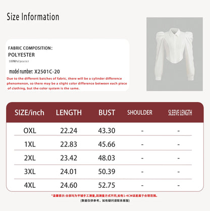 Plus Size Spring/Summer White Slim Fit Long Sleeve Shirt Solid Colour Fashionable and Versatile Office Wear Simple and Refined.