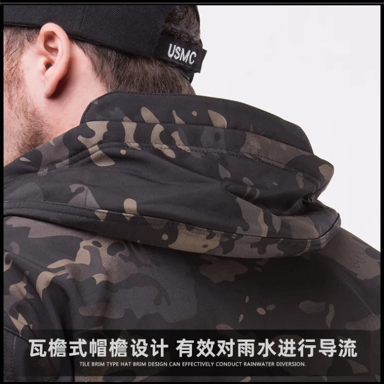 Mens Winter Outdoor Oversized Softshell Jackets Waterproof Zipper Hunting Clothes Fleece Lining Windbreaker Tactical Pocket Coat.