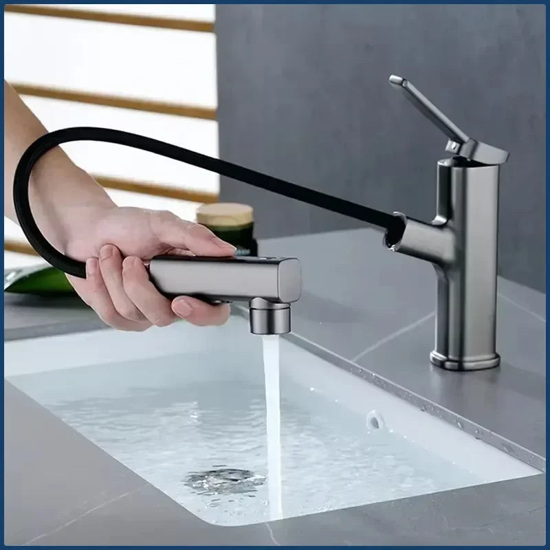 3 Function Stream Sprayer Hot Cold Brass Washbasin Faucet for Bathroom Single Handle Dual Hole Pull Out Basin Sink Mixer Tap