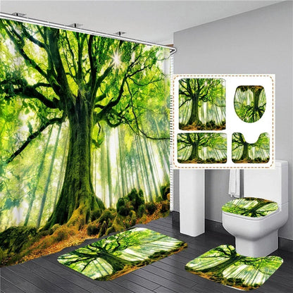 Wasserdichtes Duschvorhang-Set mit sonniger Waldlandschaft, wasserdichter Badezimmer-Toilettensitzbezug, Badewanne, rutschfeste Matte, Teppich, Baddekoration