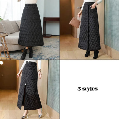 Women Winter Skirt Windproof Warm Down Cotton Skirt High Waist Quilted Cotton Padded Skirts Office Lady Elegant Skirt