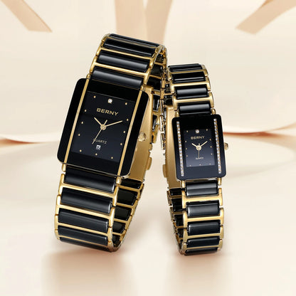 BERNY Ceramics Quartz Women Watch Fashion Rectangle Men/Women Wristwatch Bracelet Luxury Diamon Gold Couple Watches Gift Watches.