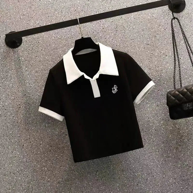 Women's Polo Neck Tee Shirts Dry Fir Top High Quality Pullover Short Sleeve T Shirt Wholesale Aesthetic Y2k Fashion Skinny White.