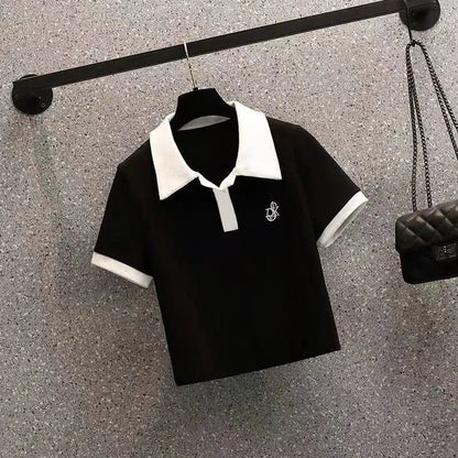 Women's Polo Neck Tee Shirts Dry Fir Top High Quality Pullover Short Sleeve T Shirt Wholesale Aesthetic Y2k Fashion Skinny White.