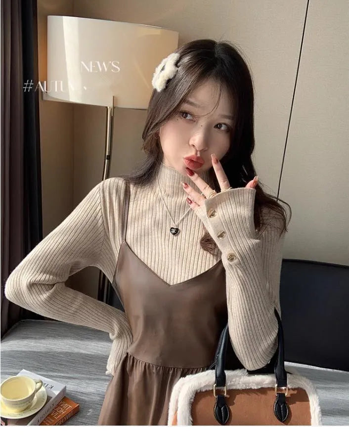 2025, weibliche Casual Tops Pullover Frauen Herbst Winter Gestrickte Dünne Pullover Feste Taste Volle Hülse Halb Hohen Kragen Pullover.