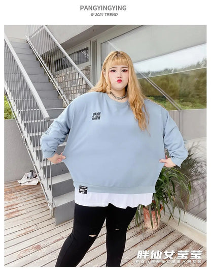 Frühling Herbst Neue Koreanische Mode Zwei Gefälschte Stücke Plus Größe Sweatshirt Frauen Brief Patchwork Casual Dame Tops Übergroße Kleidung.
