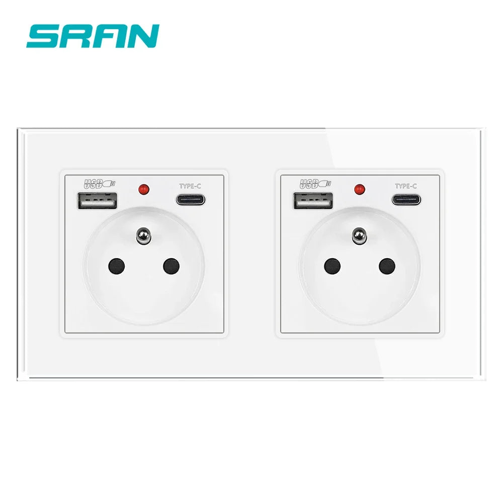 SRAN Französische USB-Wandsteckdose 5 V 2,1 A, Kristall-Hartglasscheibe 16 A 220 V 82 x 82 mm Steckdose Frankreich-Standard mit Abdeckung