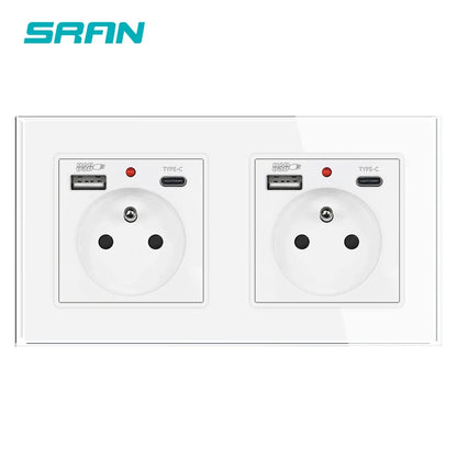SRAN Französische USB-Wandsteckdose 5 V 2,1 A, Kristall-Hartglasscheibe 16 A 220 V 82 x 82 mm Steckdose Frankreich-Standard mit Abdeckung