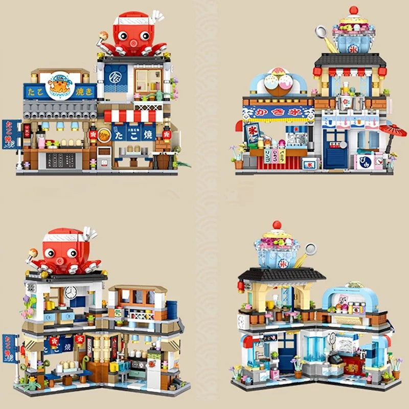 Street View Series Building blocks Izakaya Shaved Ice Shop Takoyaki Shop Coffee shop Panda Tea House model children's gift.