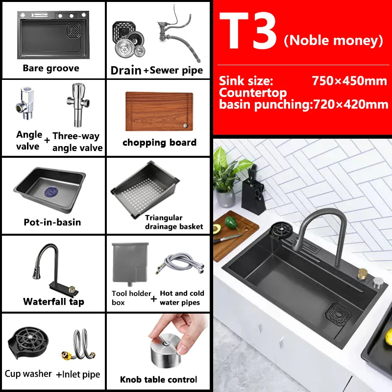 Waterfall Sink Kitchen Stainless Steel Topmount Sink Large Single Slot Wash Basin With Multifunction Touch Waterfall Faucet