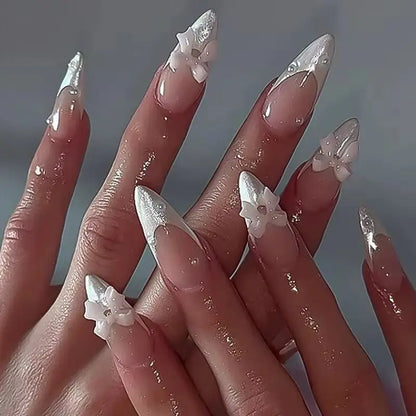 White Glitter Powder Bowknot Long Pointed Fake Nails Art Ballet False Nail Cow Print Pearl Rhinestone Pink Almond Press on Nails.