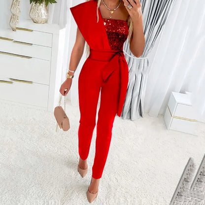 Women Jumpsuits Sleeveless Rompers Overalls Solid One Piece Pencil Pants Slim Belt Slight Strech Spliced Sequins Office Lady.