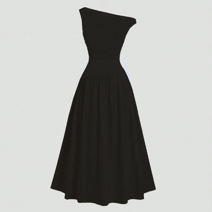 Mia Muse Kleider Sommer Französisch Einfarbig Asymmetrische Falten Ärmellose One-Shoulder Drapierte Midi Basics Kleider Für Frauen