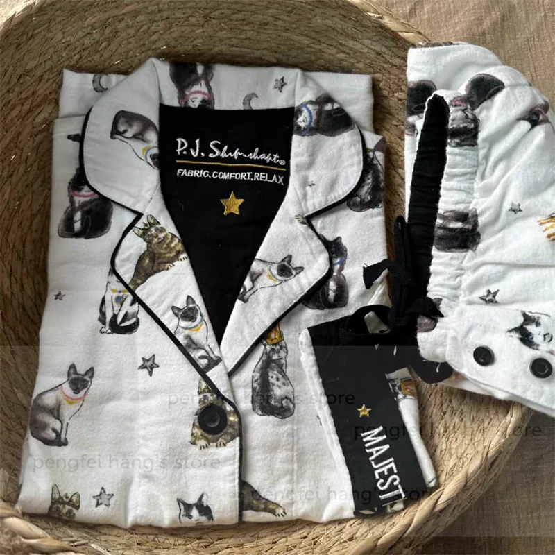 Black Cartoon Sleepwear Long Sleeve Top Pant Soft Cotton Pajamas Suit 2Pcs Embroider Letter Homewear Lady Autumn Loungewear.