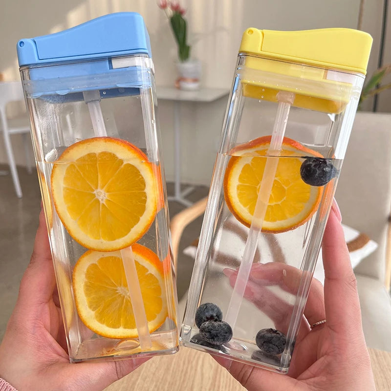 Accompanying cup Sports cup Net Red flat portable square box transparent water cup girls high appearance horizontal rectangular.