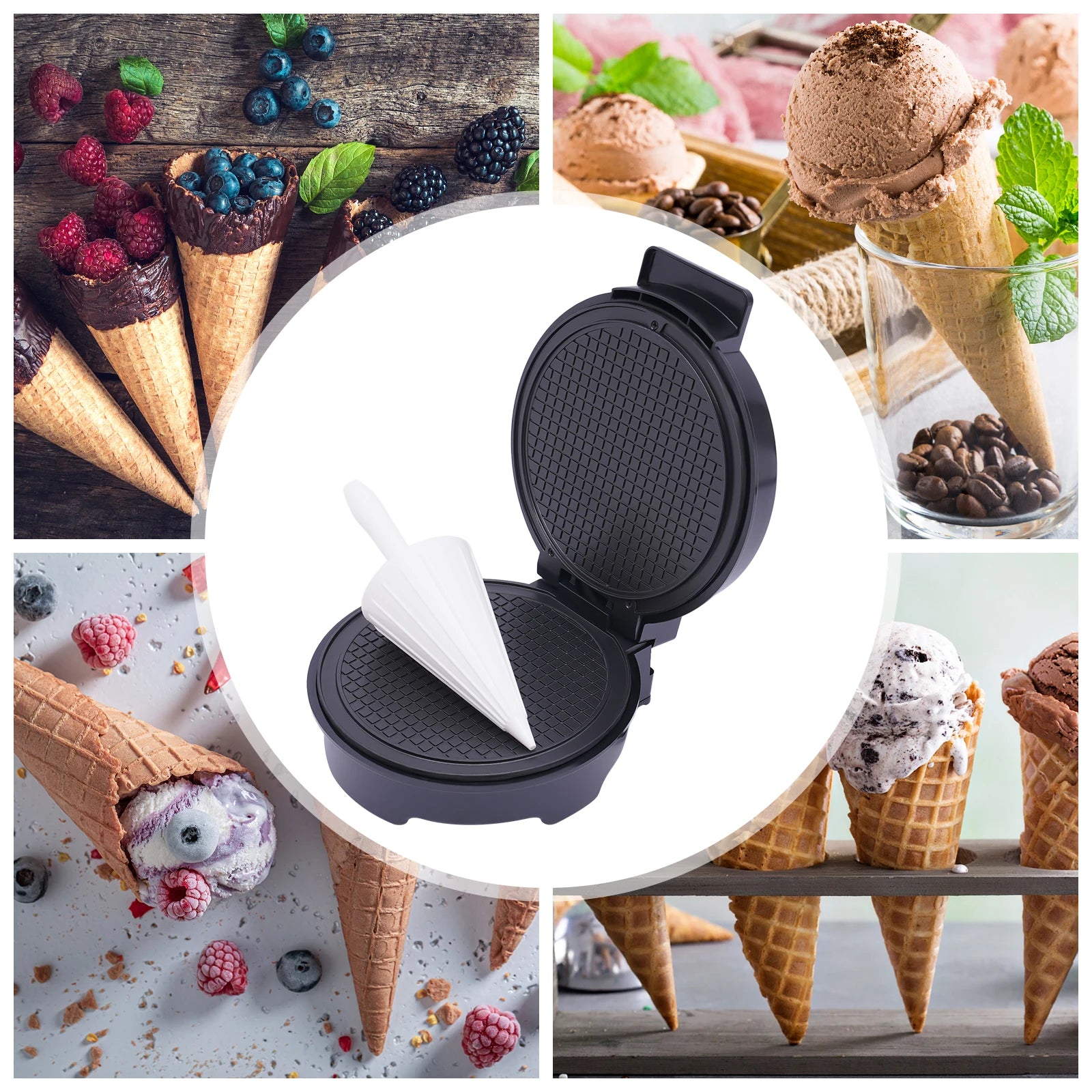 Waffle Iron 1200W Electric Waffle Cone Maker Non Stick Iron Plate Baking Mould with Anti Scalding Handle Indicator Light.