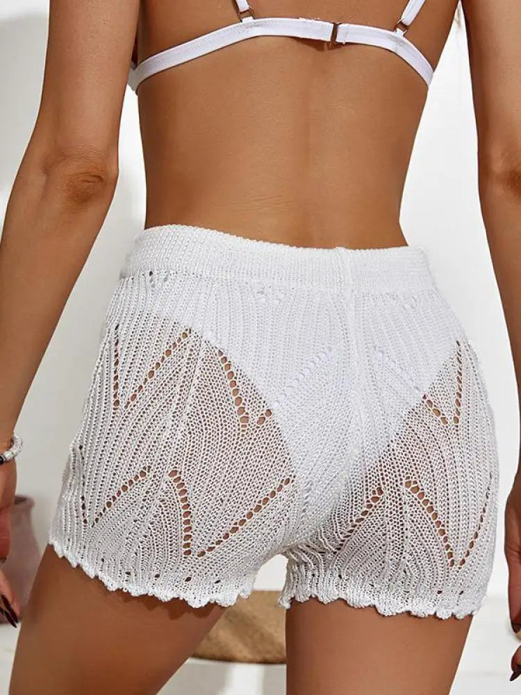 Summer 2025 New Black White Hollowed Out Beach Crochet Shorts Women Beige High Waist Slim Drawstring Lace-up Knitted Short Pants.