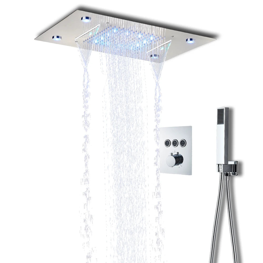 Thermostatic Mixers Bathroom Shower Faucet Set Led Rain Waterfall Bathtub Shower System Remote Control Colors Ceiling Mounted